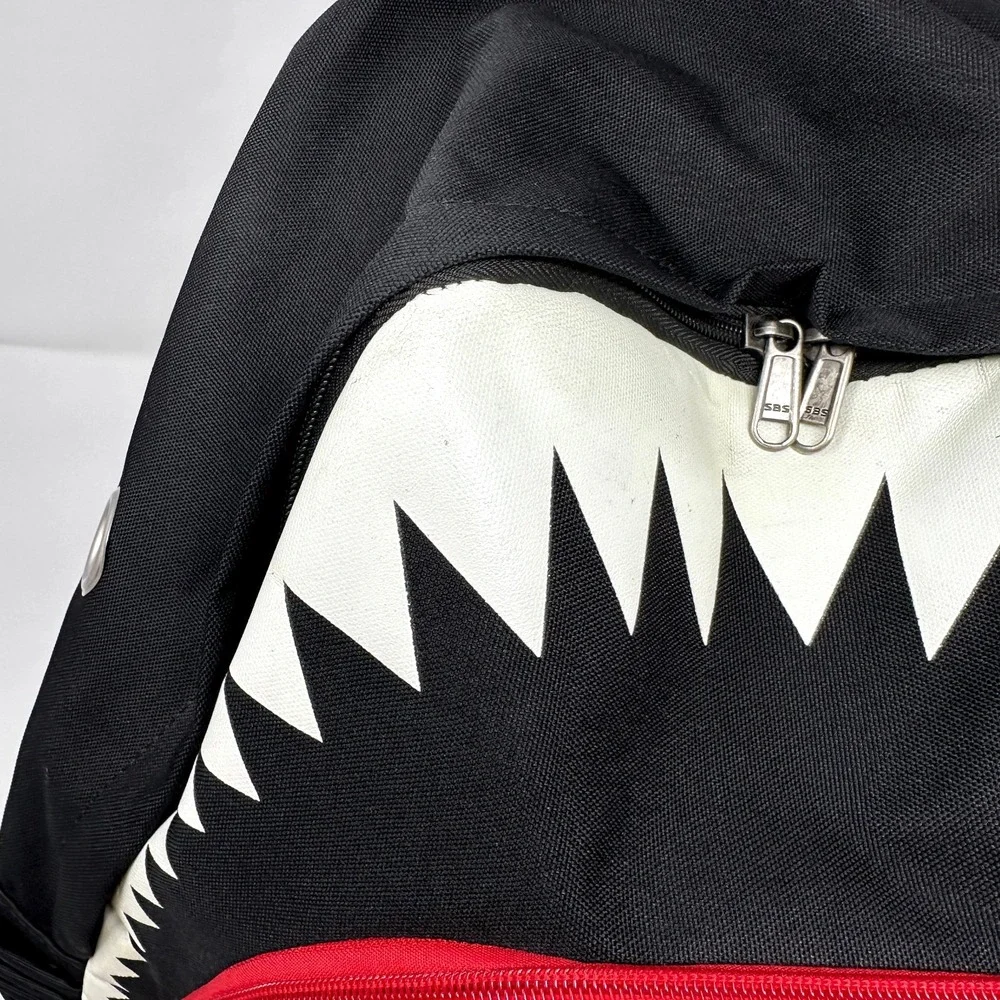 Shark Mouth Backpack Teeth Print Black Red USB Charging Laptop Bag